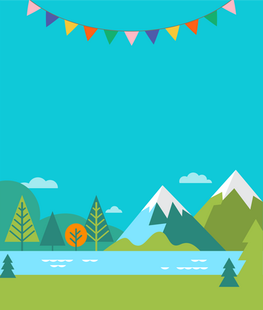 Summer camp, children vacation, traveling and family camping activity. Poster and flyer  イラスト