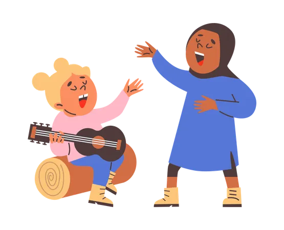 Summer camp holiday with characters of different races and skin colors  Illustration