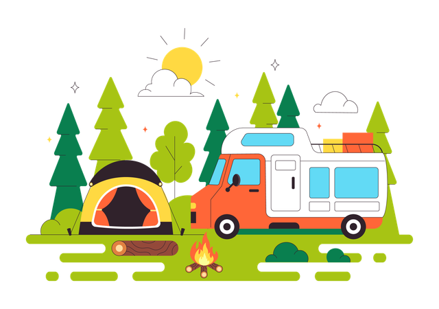 Summer Camping with mobile truck  Illustration
