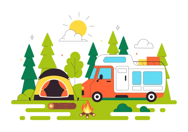 Summer Camping with mobile truck  Illustration