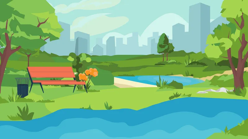 Summer City Park Concept In Flat Cartoon Design Public Recreation Garden With Lake Or River Bench Green Lawn Trees Cityscape With Skyscrapers On Horizon Vector Illustration Horizontal Background Illustration