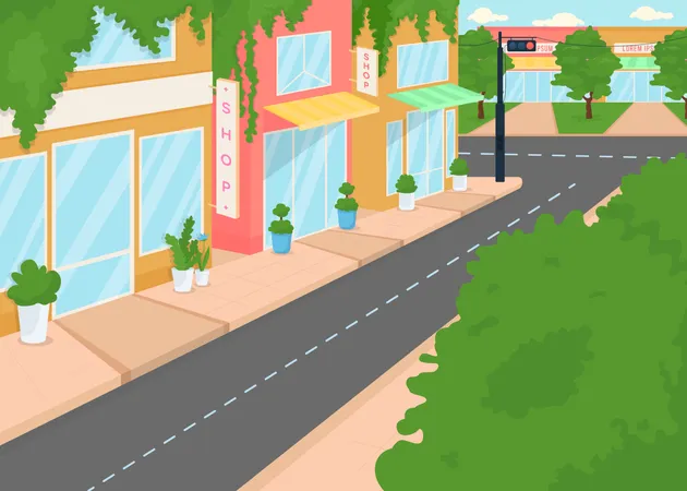 Summer City Street Flat Color Vector Illustration Spring Season Decorating With Shrubs Trees Shopping Avenue Sunlit 2 D Cartoon Cityscape With Street Greenery And Boutiques On Background Illustration