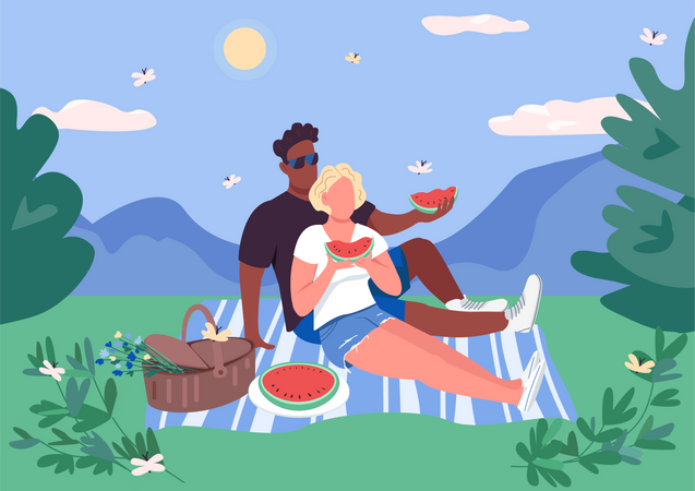 Summer couple picnic  イラスト