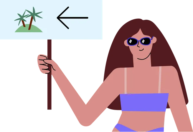 Flat Cartoony Character Hand Drawn Tanned Woman In Bathing Suit Enjoying Vacation Invites You To Join Illustration