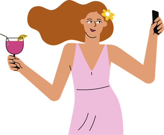 Summer girl makes selfiee with cocktail using smartphone  Illustration