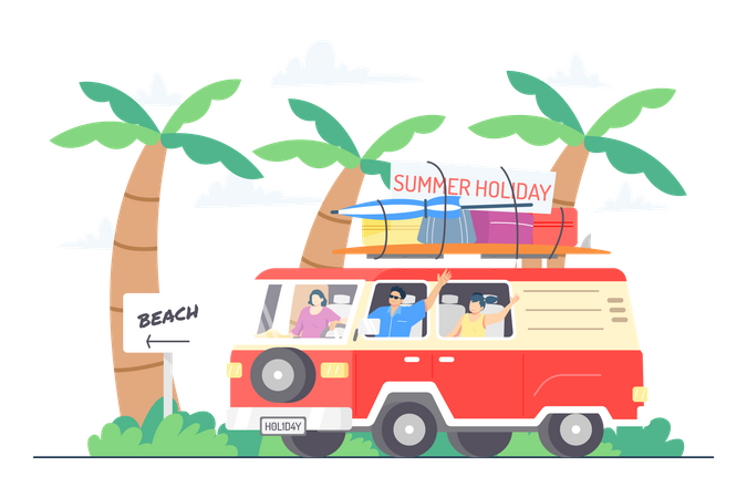 Summer Holiday by Car on Beach  Illustration