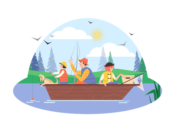 Summer lake backdrop with fishing family  Illustration