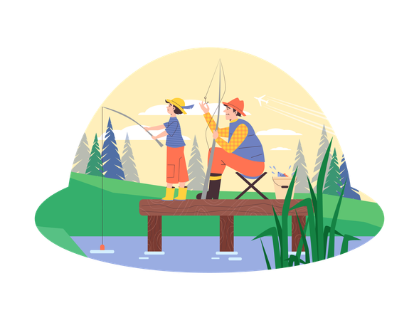 Summer landscape with father and child fishing  Illustration