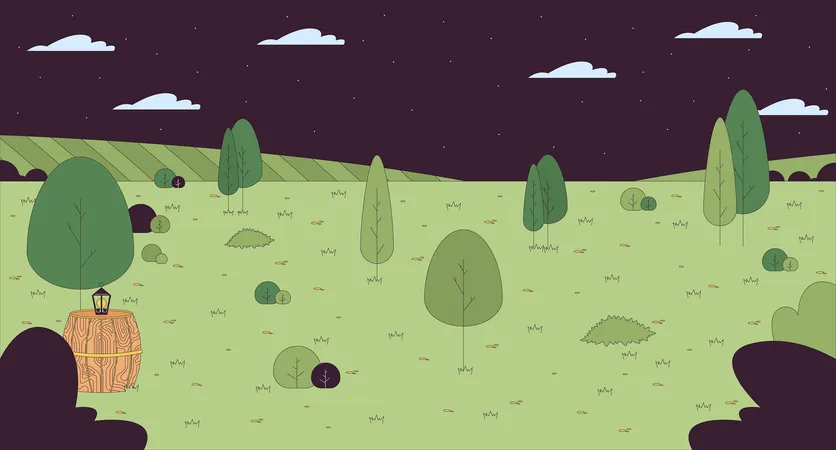 Summer Meadow Under Night Sky Cartoon Flat Illustration Calm Scenery Spring Grassy Hill At Night 2 D Line Scenery Colorful Background Summertime Nature Stars Nightime Scene Vector Storytelling Image Illustration