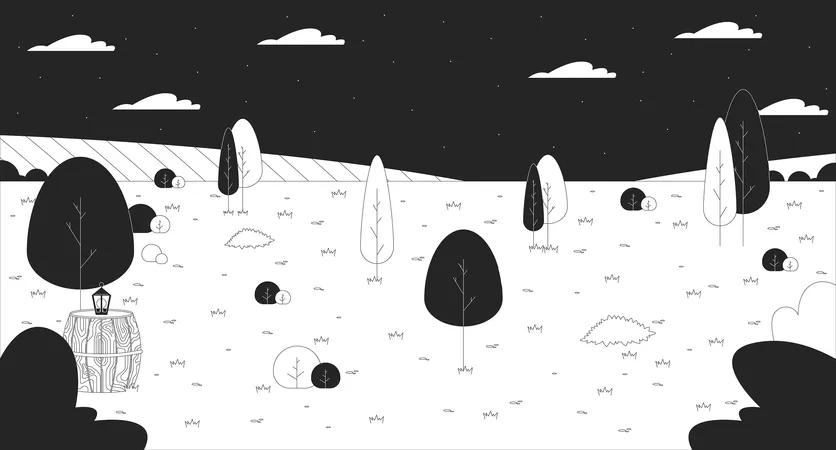 Summer Meadow Under Night Sky Black And White Line Illustration Calm Scenery Spring Grassy Hill At Night 2 D Scenery Monochrome Background Summertime Nature Stars Nightime Outline Scene Vector Image Illustration