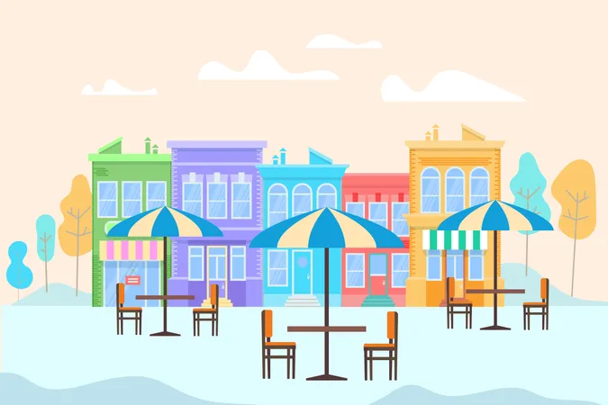 Summer Outdoor Cafe with Tables and Umbrellas  Illustration