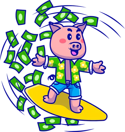 Summer Pig Surfing With Cash  Illustration