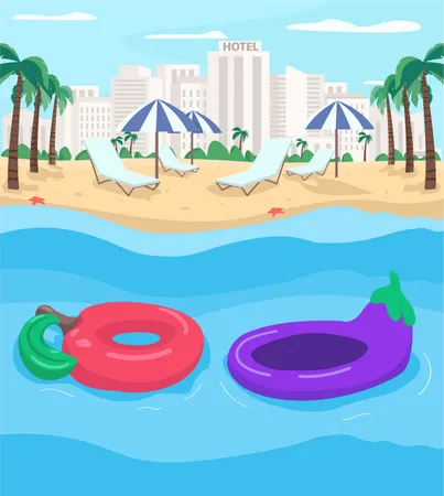 Summer Resort And Inflatables Flat Color Vector Illustration Summertime Vacations By Beach Apple Shaped Pool Float Seafront Beach 2 D Cartoon Landscape With Cityscape On Background Illustration