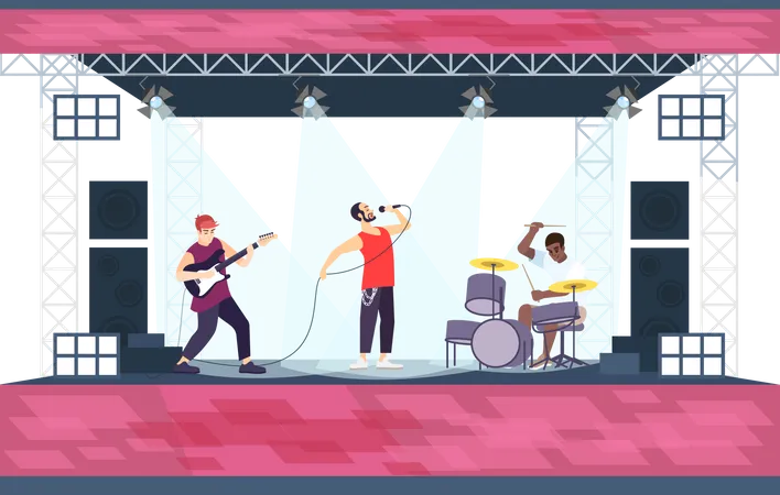 Summer Rock Festival Flat Vector Illustration Pop Music Summer Performance Guitarist Vocalist And Drummer On Scene Music Band On Open Air Stage Isolated Cartoon Characters On White Background Illustration