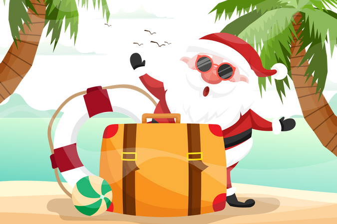 Summer Santa Claus with luggage and swim ring he has a rest on beach tropical ocean  Illustration