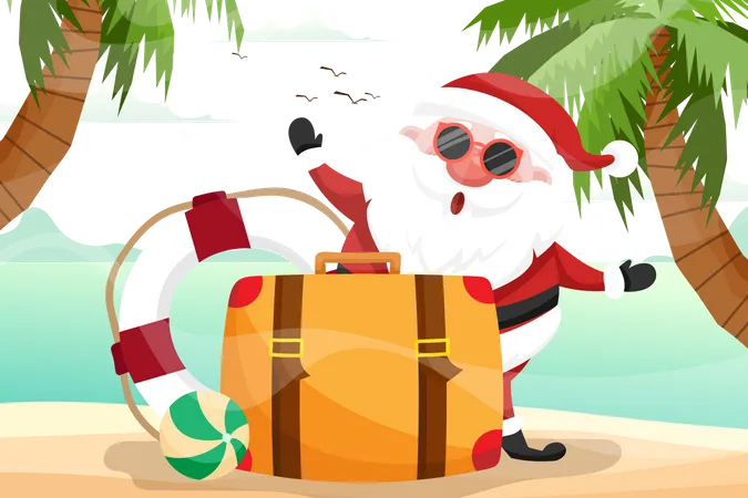 Summer Santa Claus with luggage and swim ring he has a rest on beach tropical ocean  Illustration