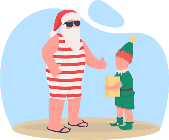Summer Santa with elf Illustration