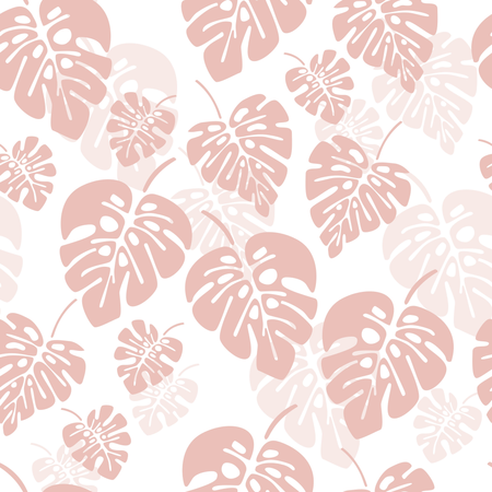 Summer seamless pattern with pink monstera palm leaves on white background Illustration