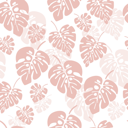 Summer seamless pattern with pink monstera palm leaves on white background  Illustration