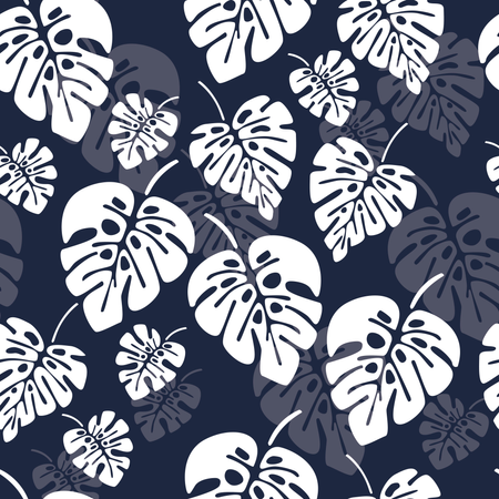 Summer seamless pattern with white monstera palm leaves on blue background Illustration