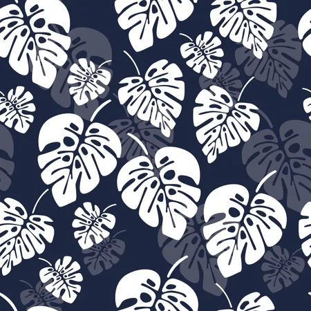 Summer seamless pattern with white monstera palm leaves on blue background  Illustration