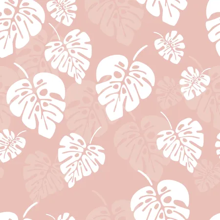 Summer seamless pattern with white monstera palm leaves on pink background Illustration
