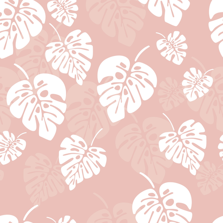 Summer seamless pattern with white monstera palm leaves on pink background  Illustration