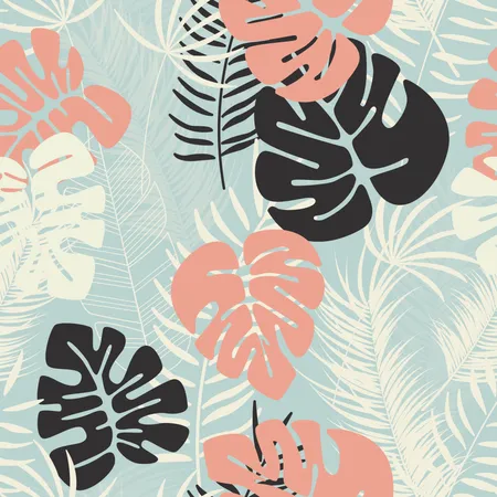 Summer seamless tropical pattern with colorful monstera palm leaves and plants on blue background  Illustration