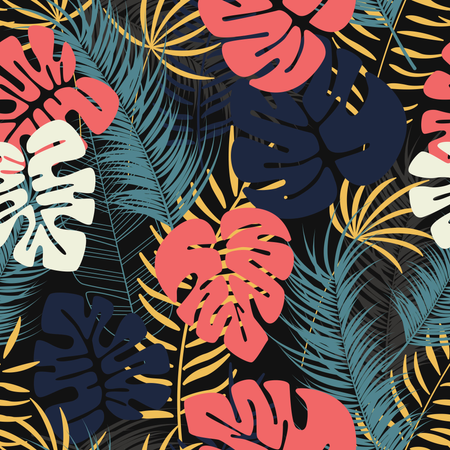 Summer seamless tropical pattern with colorful monstera palm leaves and plants on dark background  Illustration