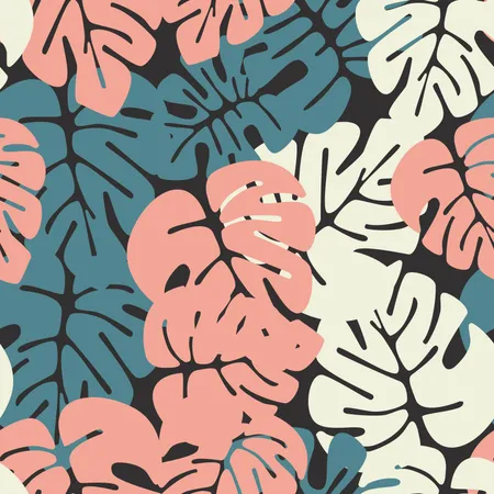 Summer seamless tropical pattern with colorful monstera palm leaves on dark background Illustration