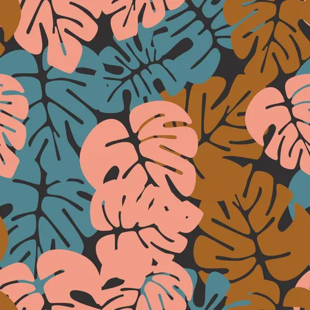 Summer seamless tropical pattern with colorful monstera palm leaves on dark background  Illustration