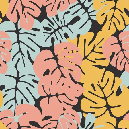 Summer seamless tropical pattern with colorful monstera palm leaves on white background Illustration