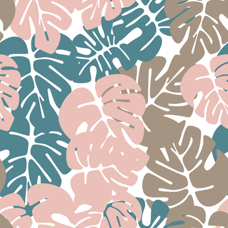 Summer seamless tropical pattern with colorful monstera palm leaves on white background Illustration