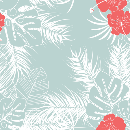 Summer seamless tropical pattern with monstera palm leaves and flowers on blue background Illustration