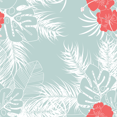 Summer seamless tropical pattern with monstera palm leaves and flowers on blue background  Illustration