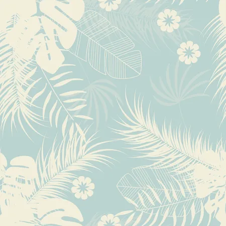 Summer seamless tropical pattern with monstera palm leaves and plants on blue background Illustration