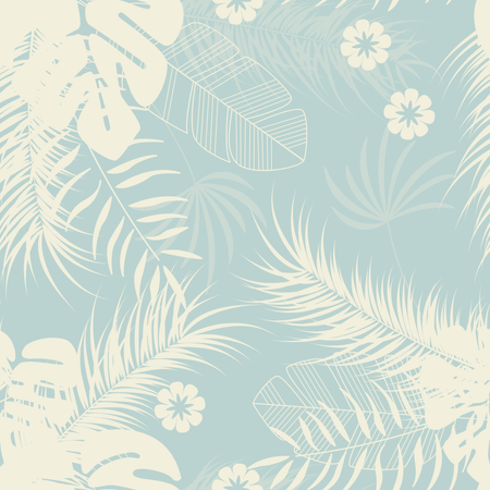 Summer seamless tropical pattern with monstera palm leaves and plants on blue background  Illustration