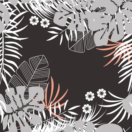 Summer seamless tropical pattern with monstera palm leaves and plants on dark background Illustration