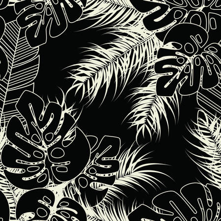 Summer seamless tropical pattern with monstera palm leaves and plants on dark background  Illustration