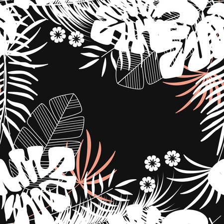 Summer seamless tropical pattern with monstera palm leaves and plants on dark background  Illustration