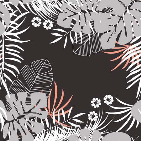 Summer seamless tropical pattern with monstera palm leaves and plants on dark background  Illustration