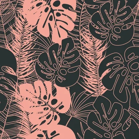 Summer seamless tropical pattern with monstera palm leaves and plants on dark background  Illustration