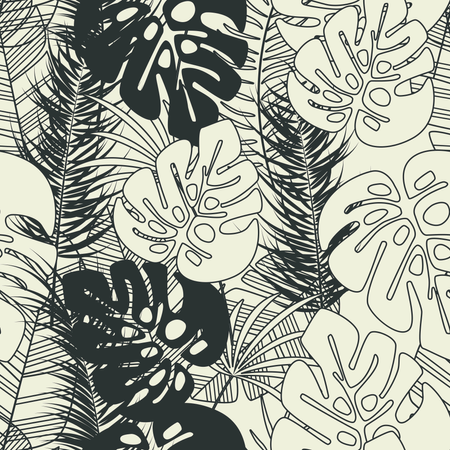 Summer seamless tropical pattern with monstera palm leaves and plants on vanilla background  Illustration