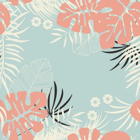 Summer seamless tropical pattern with monstera palm leaves, plants and flowers on blue background  Illustration
