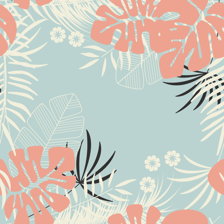 Summer seamless tropical pattern with monstera palm leaves, plants and flowers on blue background  Illustration