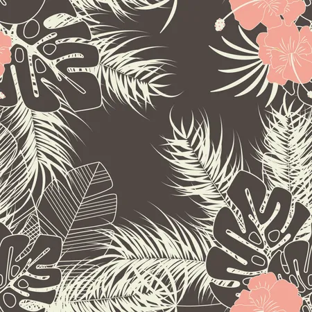 Summer seamless tropical pattern with monstera palm leaves, plants and flowers on brown background  Illustration