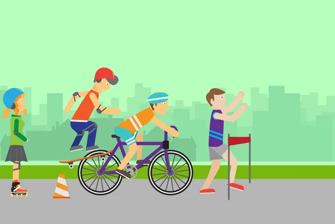 Summer Sport Banner Healthy Lifestyle Fun Concept People In Sports Uniforms Riding A Bike Roller Skating Skateboarding And Running On Background Of Urban Landscape Leisure Activities Illustration