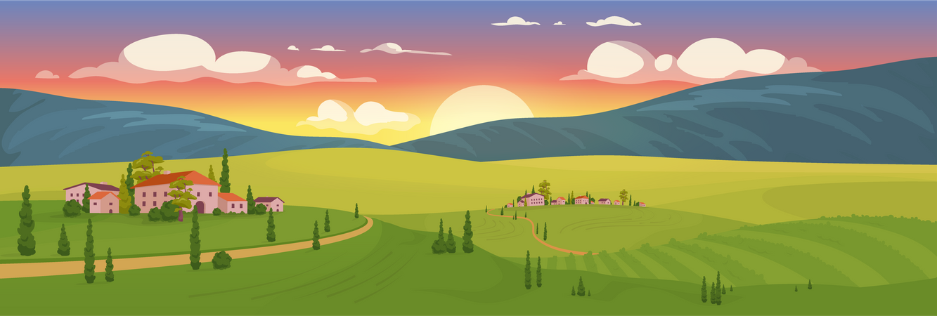 Summer Sunrise In Village Illustration