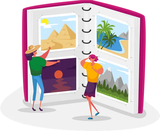 Summer Time Vacation Memory After Trip Experience Tiny Women Characters Look Traveling Pictures In Huge Photo Album Tropical Beach Resort Egypt Pyramids Journey Cartoon People Vector Illustration Illustration