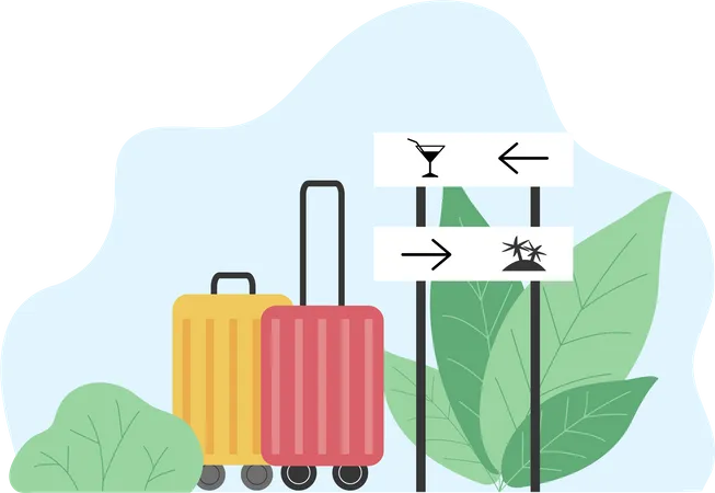 平らな手描きの旅行用スーツケース、空港とビーチへの道を示すポインター。楽しい休日と人生を楽しむサイン。 イラスト